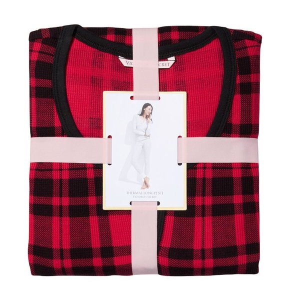 VS L Thermal Long Pajama Set Adorable Plaid Checkered Red Black PJ P.J. PJs NWT - Picture 13 of 14